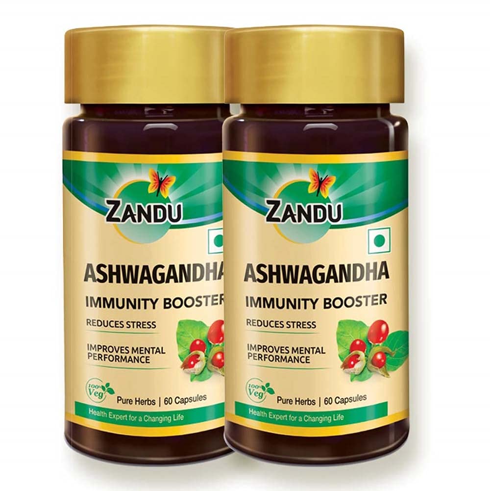 Zandu Ashwagandha Capsules (120 veg caps), Formulated with Pure Extrates of Ashwagandha, Imunity Booster, For Natural Body Strength, Stress Buster (Pack of 60 x 2)