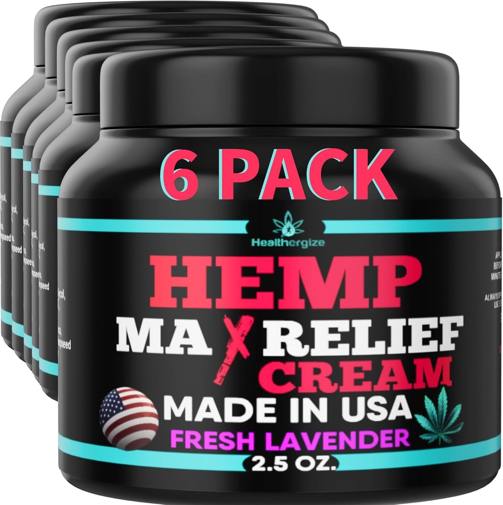 6Pack Healthergize Hemp Cream -Natural Premium Quality- Full Body Relief Instant Results-Hemp Oil Infused- Lavender, Aloe, Turmeric, Aches, Muscles, Joints, Muscles, Back, Knee, Corck-Made in USA...