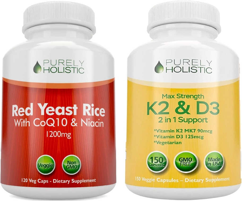 Murni Holistik Rice Merah Yeast 1200mg dengan CoQ10 + Niasin D3 5000 IU (125mcg) & K2 MK7 90mcg Bundle - 270 Vegetarian Capsules - Dibuat di AS