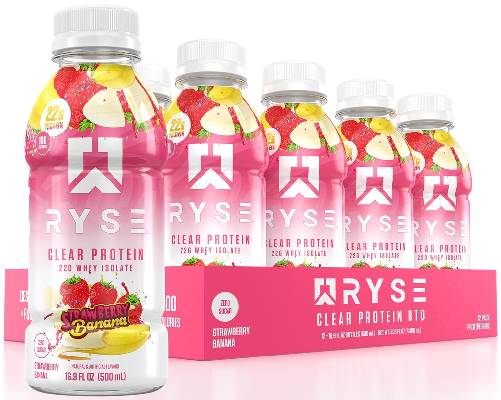 RYSE Clear Protein Drink - Strawberry Banana - 100 Calories, 22g Whee Isolate Protein Shake, Sugar- Free, 0g Fat & Lactoe- Free - Menyegarkan Ready-To-Beverage - 16.9 fl oz Botles (12- Pack)