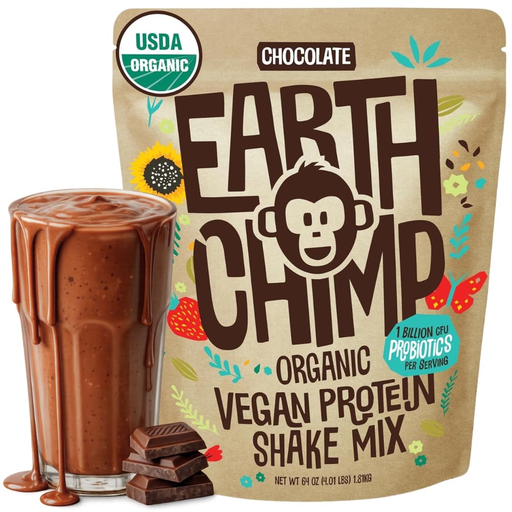 EarthChimp Organic Vegan Powder - dengan Prograsi- Non GMO, Dairy Free, Non Whey, Tanaman berbasis Protein Bubuk untuk Perempuan dan Pria, Gluten Gratis - 52 Pelayan, 64 Oz (Coklat)