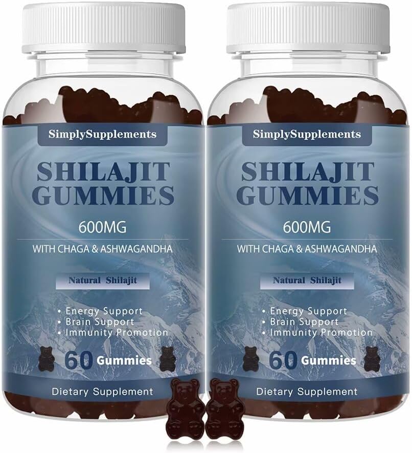 Shilajit Gummies 600mg, Shilajit Supplemen Trace Minements & Fulvic Acid for Energy and Imunity Surin Organik Shilajit untuk Pria & Women, Vegan, 60 Gummies (2 Pack)