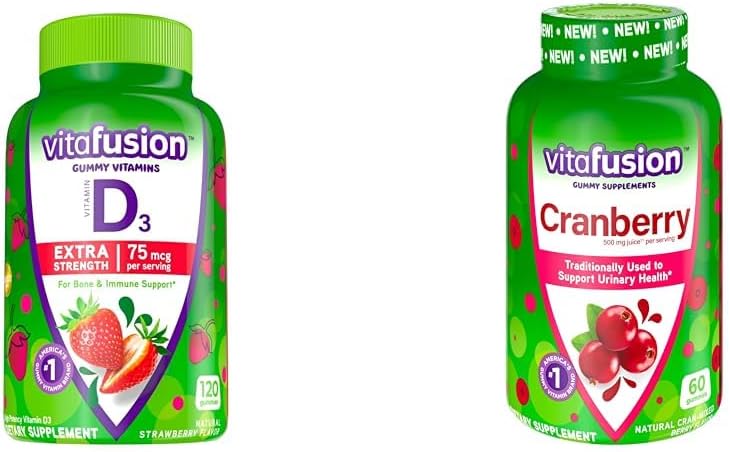 Vitamin Ekstra Kekuatan Vitamin D3 Gummy Strawberry Bone Flavare & Ammune Dukungan (120 Count) + Cranberry Gummies untuk Dukungan Kesehatan Urin Wanita (60 Count)