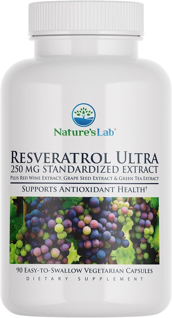 Nature 's Lab Resveratrol Ultra - Antioksidant Suplemen * - 250mg Trans- Resveratrol, Red Wine Extract, Green Tea Extract - Non-GMO, Gluten Free, Vegan - 90 Count (3 Bulan Supply)