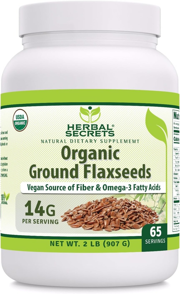 Herbal Secrets USDA Organic Ground Flaxseeds 2 Lbs Powder 124; 14 Grams Per Serving 14; 65 Servings S2 124; Excellent Vegan Sumber Fiber & Omega -3 Fatty Acids 124; Non-GMO (2 Lb 124; 1 Pack)