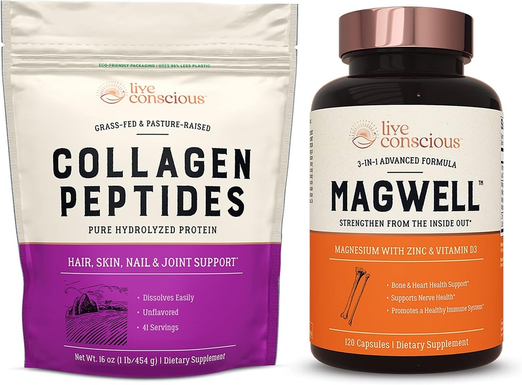 Live Conscious Collagen Peptides & Magwell Magnesium Zinc & Vitamin D3 124; Rambut, Skin, Nail, dan Dukungan Gabungan + Bone & Heart Health, Dukungan Sistem Imune