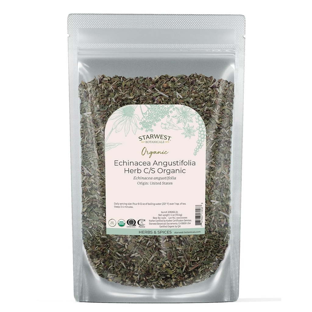 Starwest Botanicals Dry Echinacea Angustifolia Organic - Loose Leaf Herb for Tea, Tacratures, & Natural Herbal Blends, Cut & Sifted, Cerdened Kosher, Non-GMO - 4 oz Pouch