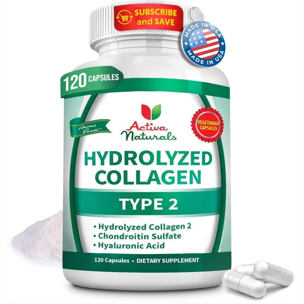 Collagen Type 2 Hydrolyzed Suplement with Chondroitin and Hyaluronic, for Healthy Hair, Skin, and Nails, No Fillers, Addonves, and No Artificial Colors - 120 Vegetarian Capsules