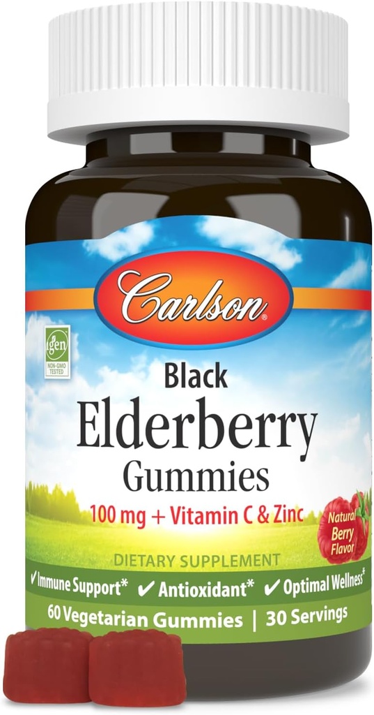 Carlson - Black Elderberry Gummies, with Vitamin C & Zinc, Immune Dupport, 60 Gummies