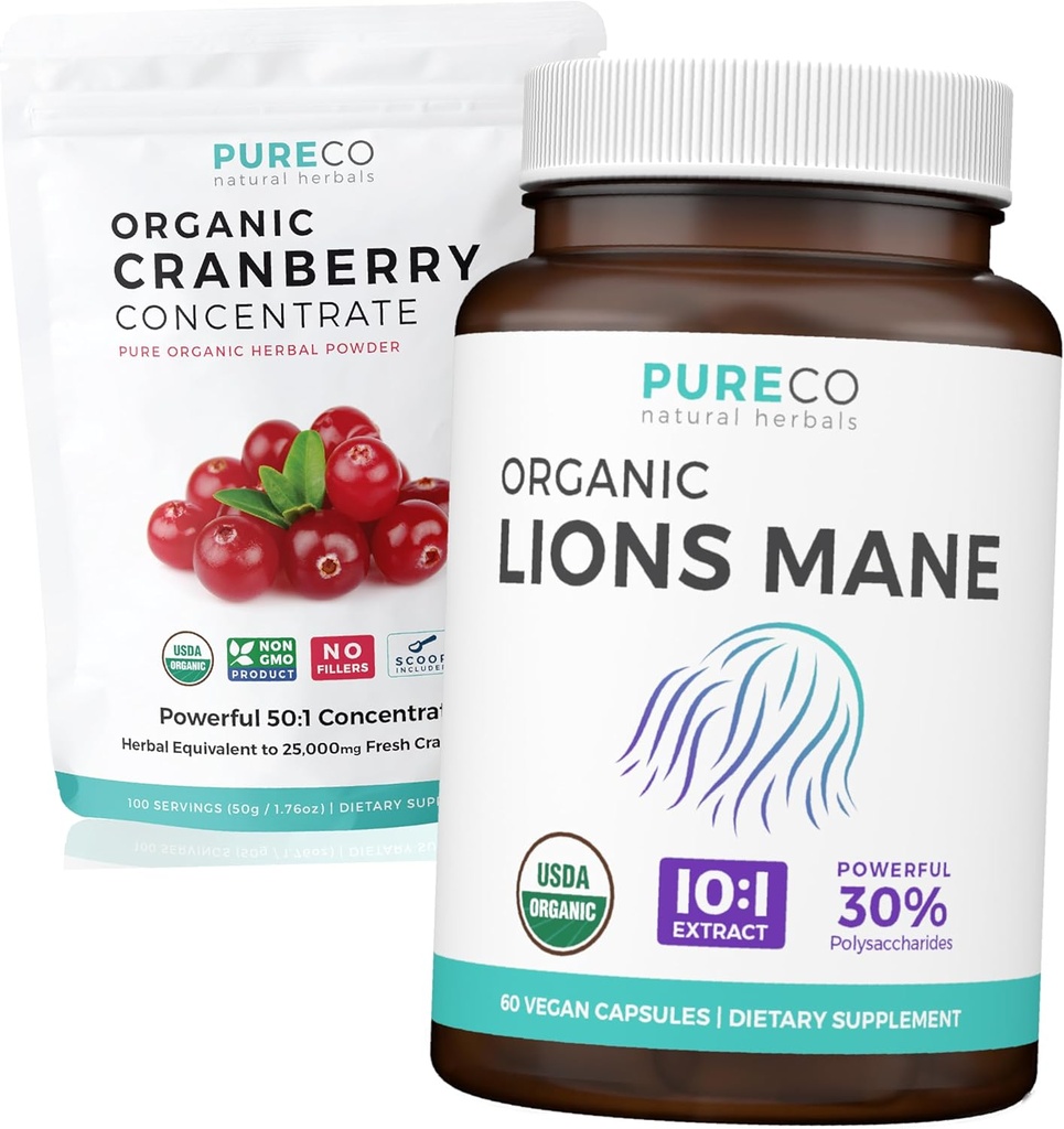 Cranberry Powder & Lions Mane (1 - Bulan Supply) Mindful Cranberry Bundle of Organic Cranberry Concentrate Popper 50: 1 Ekstraksi (100 Scoops) & Organic Lions Mane Jamur 10: 1 Ekstrak (60 Caps)