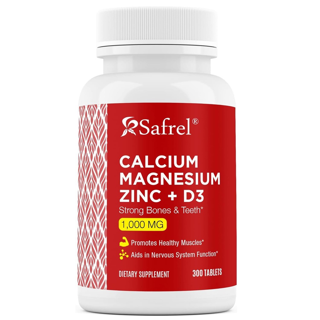 Safrel Calcium Magnesium Zinc dengan Vitamin D3, 300 Tablet - Kalsium 1000 mg, Magnesium 400 mg, Zinc 20 mg & D3 600 IU per Serving