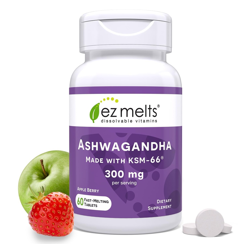 EZ Melts Dissolable KSM- 66 Ashwagandha, 300 mg, Sugar- Free, Stress, Sleep dan Mood Supplemen, 30-Day Supply, Apple Berry-Flavor - 1 Pack