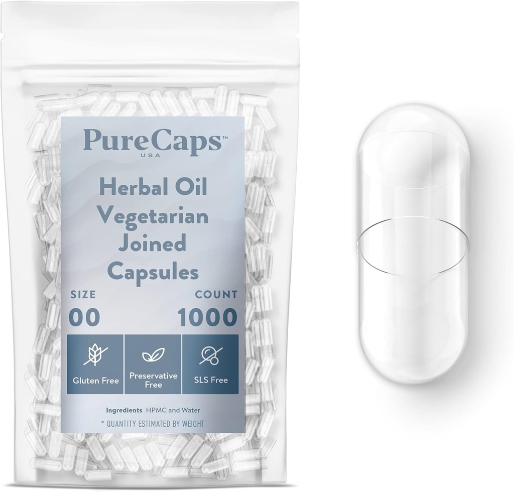 Purecaps USA - Kosong Herbal Oil Vegetarian Vegan Pill Capsules Ukuran 00 124; 1.000 Pills Bergabung 124; Clear 124; Non-GMO Bersertifikat 124; SLS, Gluten, Preservative Free