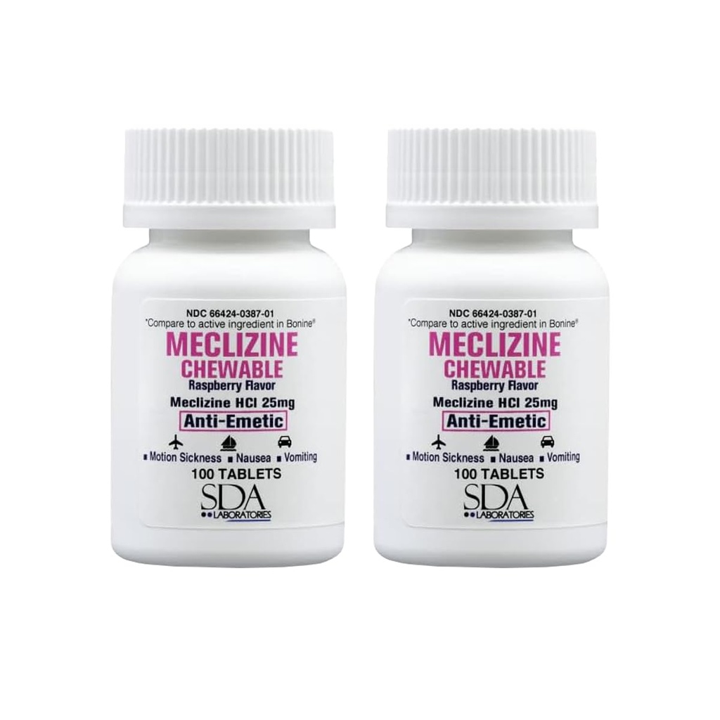 SDA LABORIES Mecklizine 25mg Céwable Tablet, Anti- Emotic, Raspberry Flavor, Motion Sickness & Vertigo Relief for Nausea, Dicomiting, Portable Travel Aid (2 Botol 100 Count)