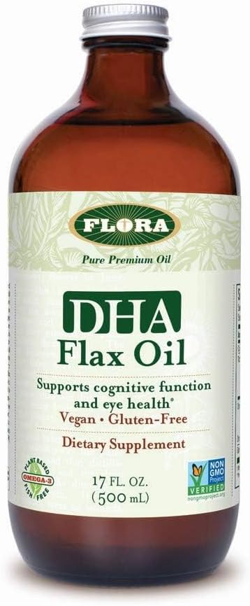 Flora DHA Flax Oil - Pendukung Kesehatan Otak - Berisi Vegan Omega- 3- 6- 9, Gluten- Bebas Kosher & Non- GMO - Tetap Tenang - Botol Kaca - 17 FL.