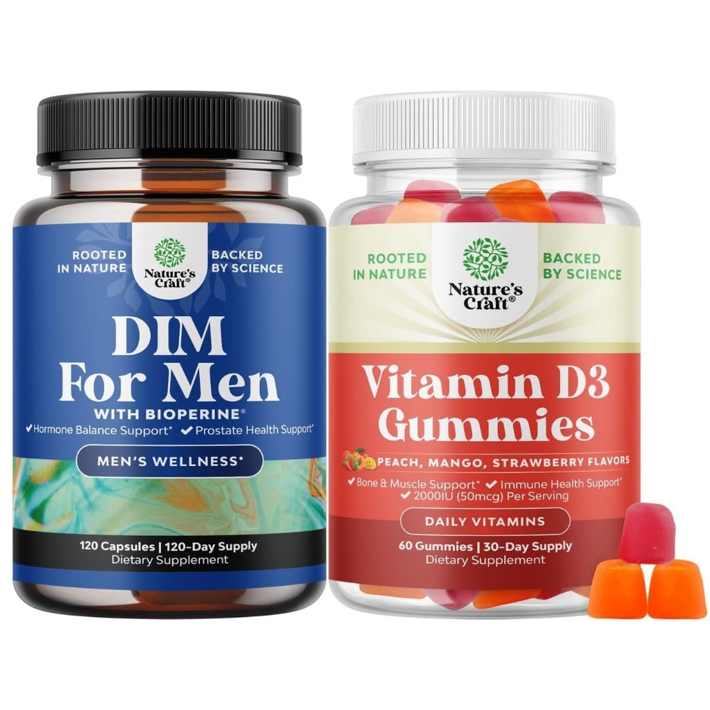 Bundle of Advanced Diindolylmetana DiM Supplement for Men and Vitamin D3 Gummies for Daily Wellness for Bone Muscle & Imune Support