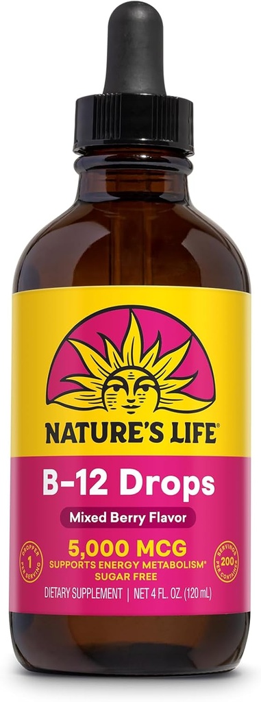 Nature B12 Drops 5000 mcg - Vitamin B12 Methylcobamin - Liquid B12 Suplemen Energi Metabolisme, Nerve Fungsi dan Red Blood Cop Support Natural Mixed Berry, Sugar Free (200 Serv, 4oz)