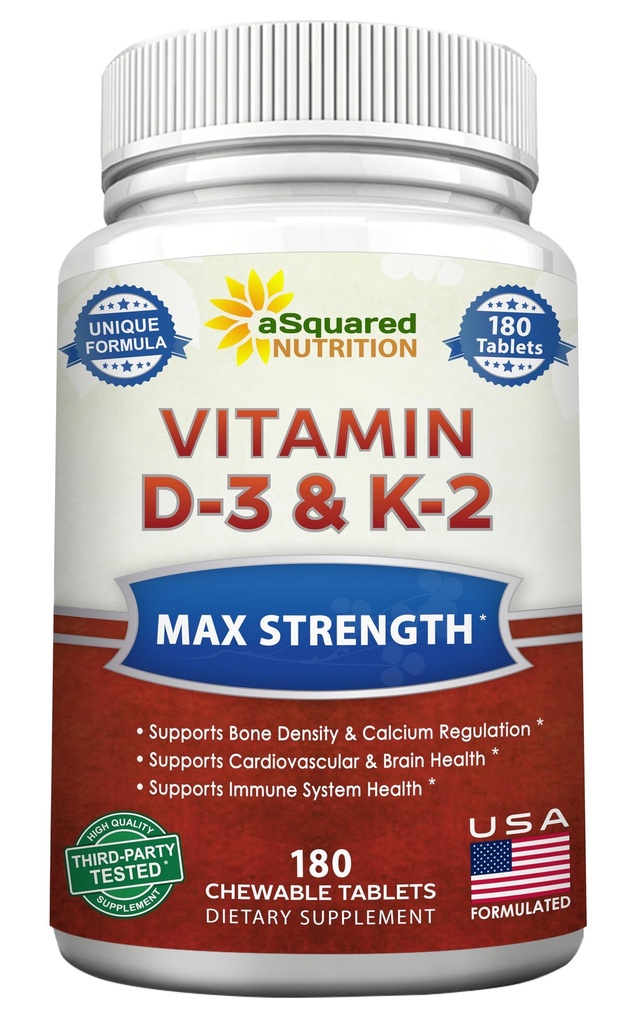ASquared Nutrition Vitamin D3 dengan K2 Suppliments - 180 Chewable Tablet, Max Strength D-3 Cholecalferol & K-2 MK7 untuk mendukung Healleal Bones, Teeth, Heart -Antioksidant D3 & K2 MK-7 Energi Formula Dewasa