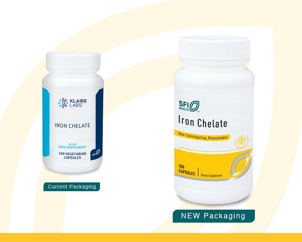 Klaire Labs SFI Health Health Iron Bisglycinate Chelate Suplement - 30mg Ferrous Bisglycinate Chelate - Dirancang untuk dianggap Well-Tolerated, Wellbed & Gentle on Stomach - Hypoallergenic (100 Capsules)