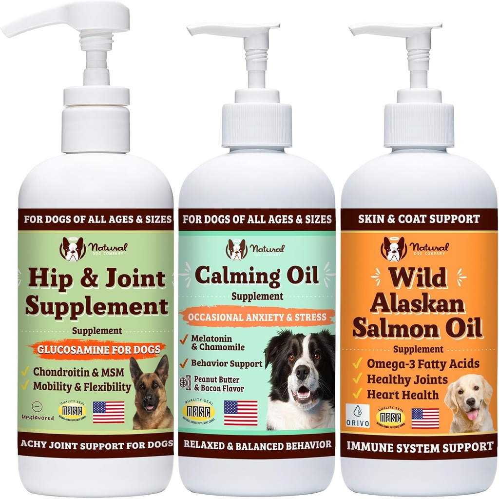 Perusahaan Anjing Natural Wellness Bundle Food Oil Topper termasuk (1) Wild Alaska Salmon Oil, (1) Limid Glucosamine, (1) Calming Oil