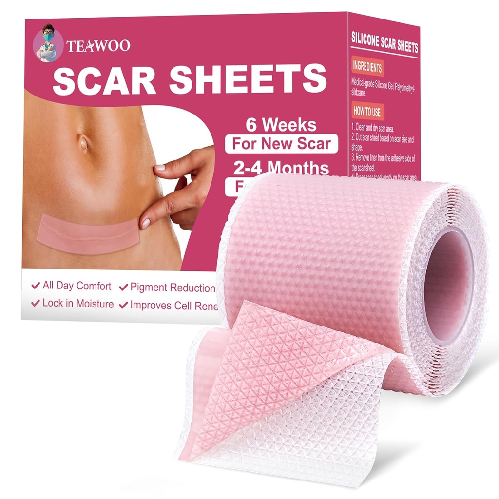 Scar Sheets Silicone, Silicone Scar Tape for Surgic Scar, C-Section, Tummy Tuck, Keloid Bump Removal, Face Tape for Wrinkles Overnight (1.6 "X 59" Rolls - Pigment Reduction- Pink)