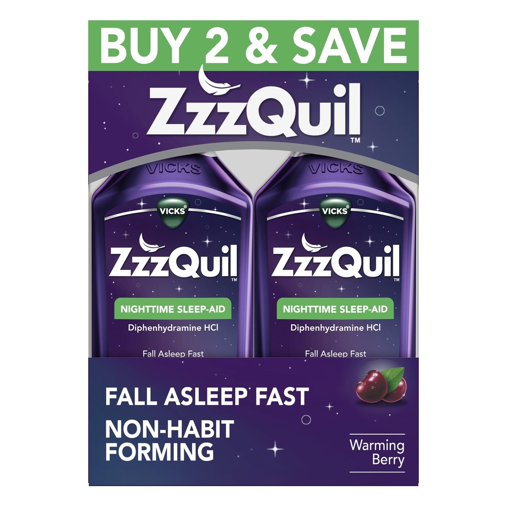 ZzzQuil, Sleep Aid Liquid, 50 mphenhydramine HCI, Fall Asleep Fast, Non-Habit Forming, Warming Berry Flavor, 12 FL OZ (Pack 2)