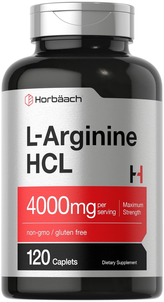 Horbäach L-Arginine HCL 4000mg 124; 120 Caplets 12.4; Amino Acid for Men and Women 14; Nitric Oxide Suplemen 124; Vegetarian, Non-GMO, Gluten Free Suplemen