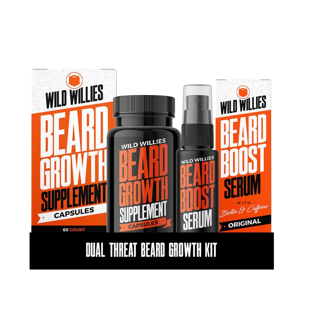 Wild Willies Growth Kit - Capsules & Boost Serum - Natural Growth Oil with Biotin & Caffeine - Vitamin for Fuller, Thicker Beard - 60 Capsules - For Men