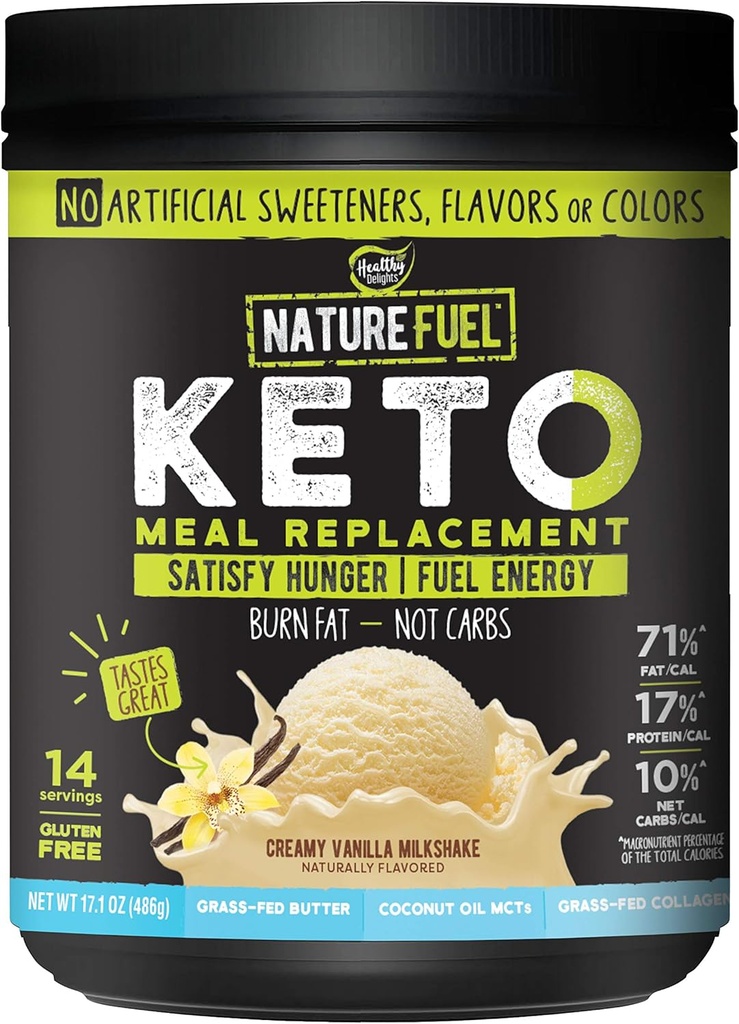 Nature Fuel Keto Meal Pengganti Powder - Gluten Bebas dengan Coconut Oil MCTS dan Grass- Fed Butter - Creamy Vanilla Milkshake - 14 Servis Pantry, 17.1 Fl Oz