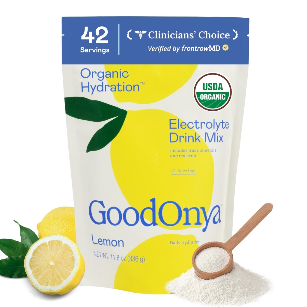 GOODONYA Hldration Organic Electrolyte Drink Mix, bubuk Hidration Organik Tersertifikasi, Non- GMO, Biochecked Glyphosate Free, Low Sugar, Lemonade Flavor, No Articial Flavors, 42 Servicial