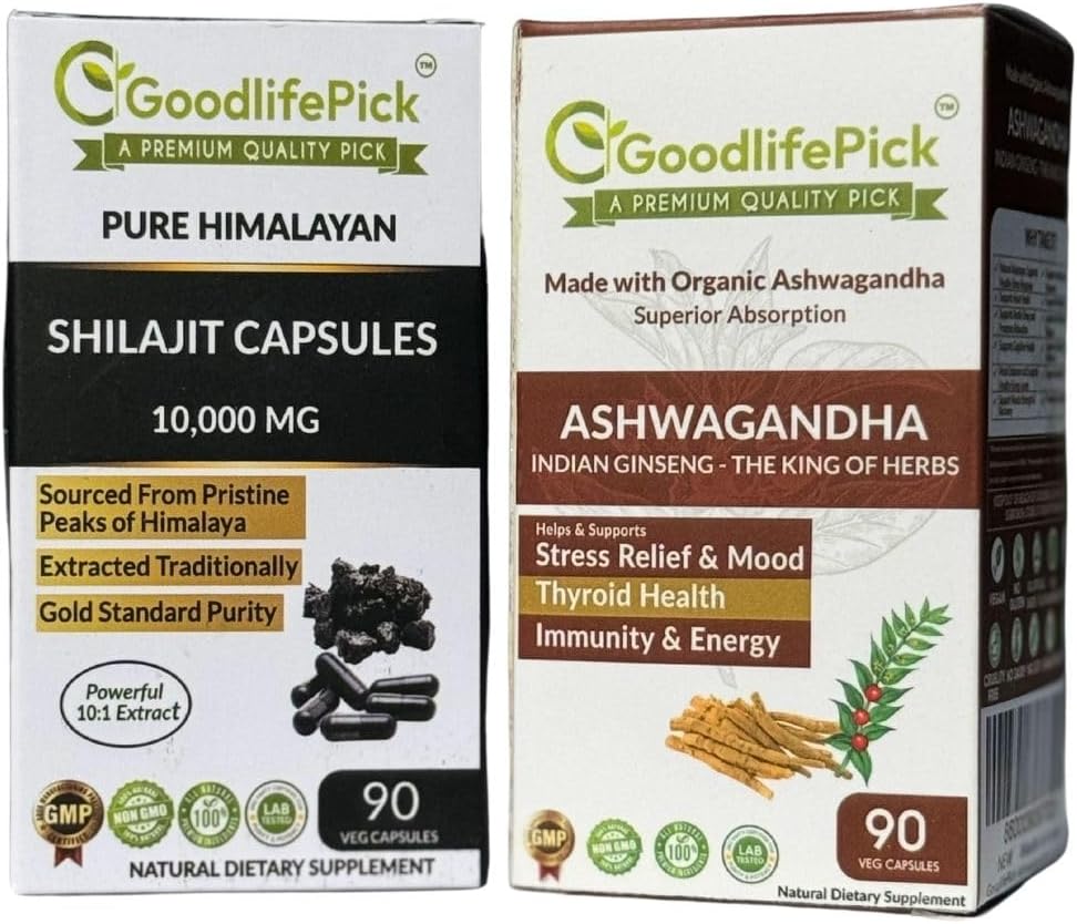 Himalaya Shilajit Capsule & Ashwagandha Capsules Pack of 2. 90 + 90 ct Gold Standard Premium Kualitas untuk Manfaat Max. All Natural Non GMO No Rice Powder No Filler No Silicon Dioksida No Stearate