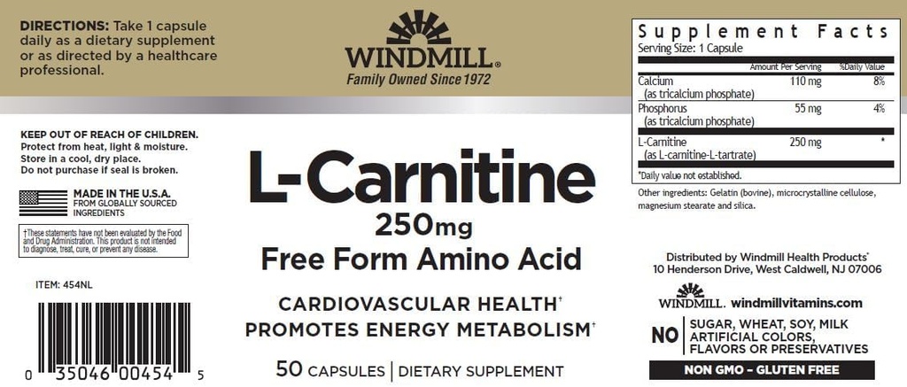 Windmill L- Carnitine 250 mg Capsules 50 Count (3 Pack)