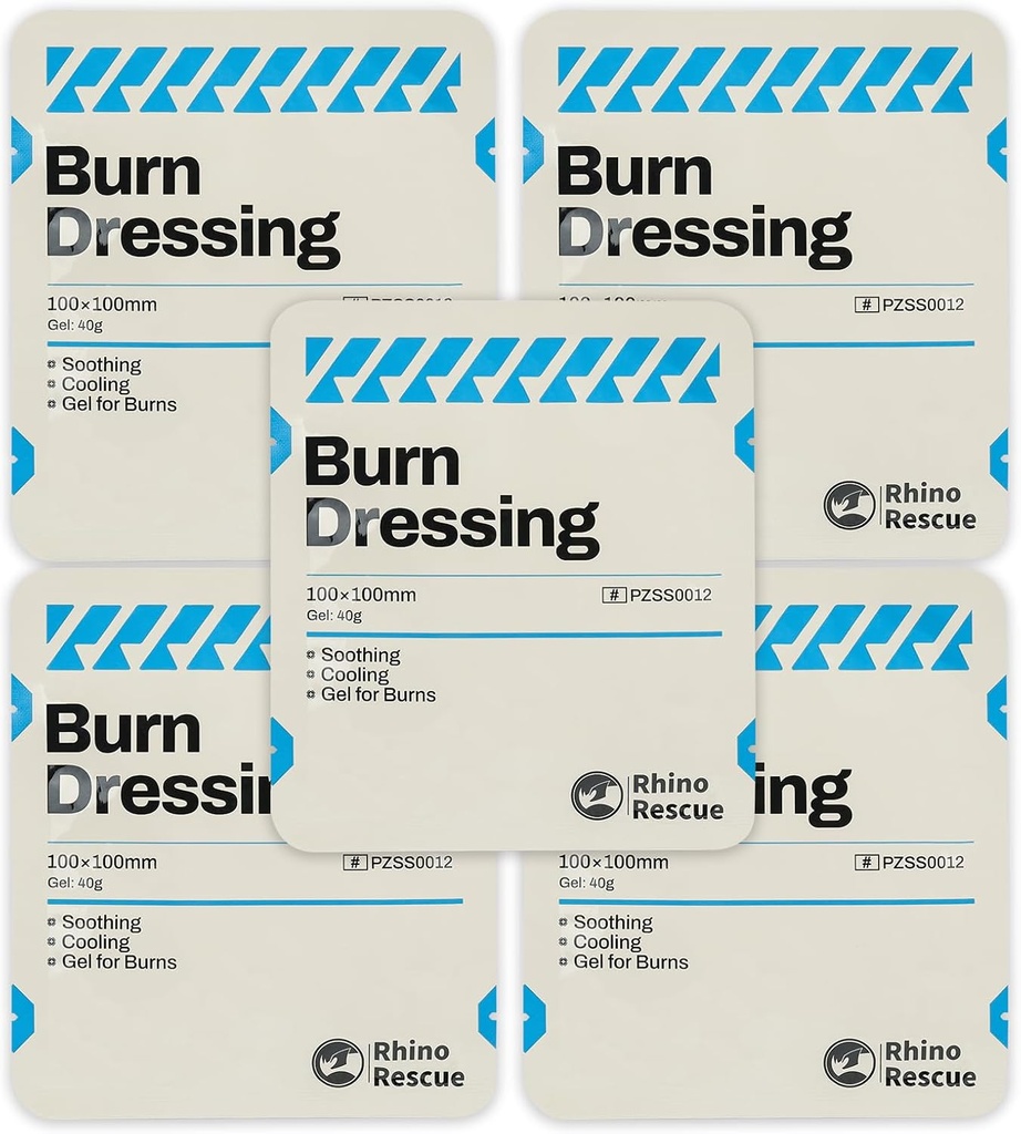 Rhino Rescue 5 Pack 4 "X 4" Burn Dressing, Burn Gel Cooling Cream Relief Burn First Aid Supplies (5)