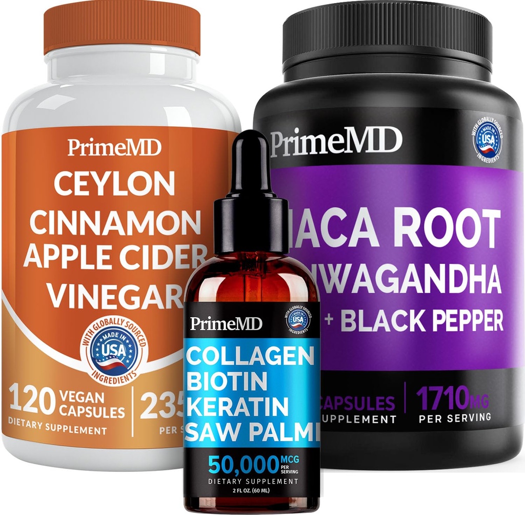 5-in- 1 Cinnamon Ceylon (120ct), 4-1 Biotin Collagen Keratin Saw oz (2 fl Palmeto - 1 Pack) & 6-1 Maga Root Ashwagandha (120ct) Bundle - Energi, Mood, Hair, Skin & Imune Dukungan Suplemen