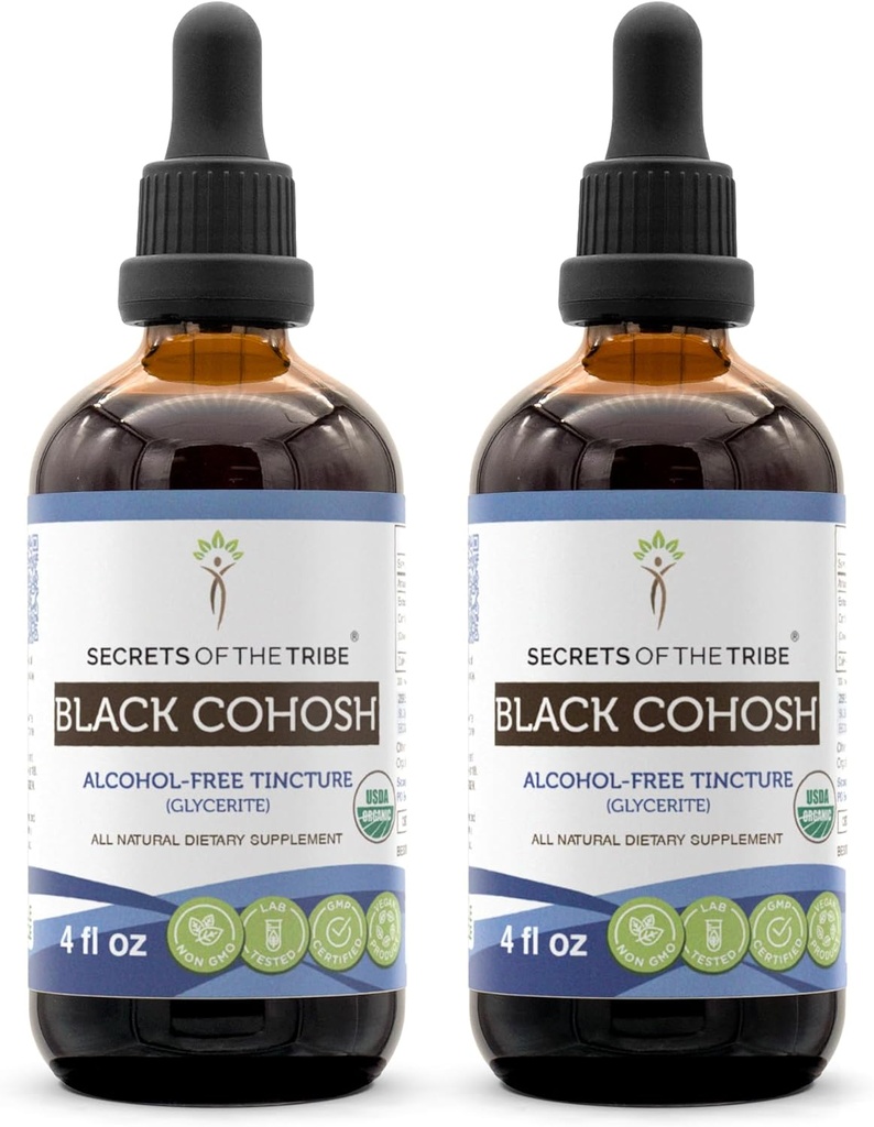 Rahasia Suku Hitam Cohosh USDA Organik 124; Alcohol-Extract Bebas, Tinggi Potency Herbal Drops 124; Dibuat dari 100% Certified Organik Black Cohosh (Cimicifuga Racemosa) Dried Root 2x4 oz