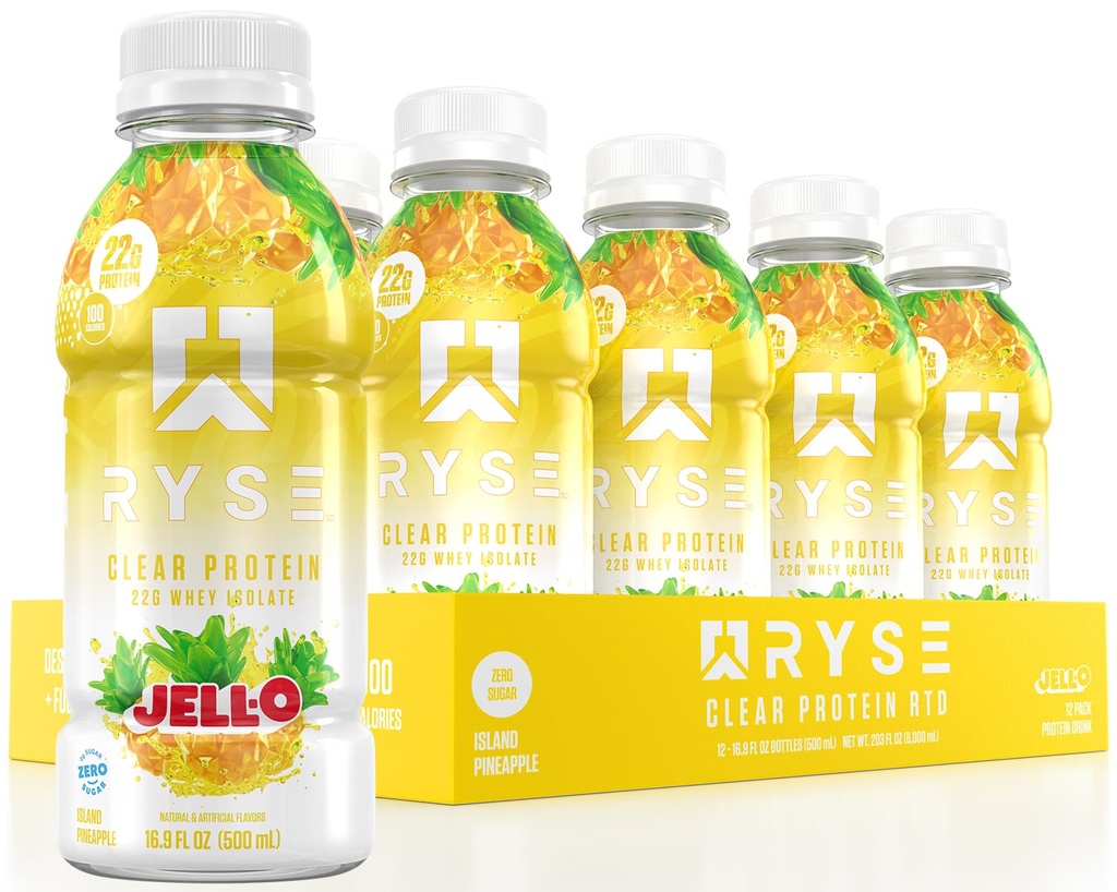 RYSE Clear Protein Drink - Jell-O Island Pineapple - 100 Kalories, 22g Whee Isolate Protein Shake, Sugar-Free, 0g Fat & Lactose- Free - Menyegarkan Revey- Minuman Beverage - 16.9 fl oz Botol (12- Pack)