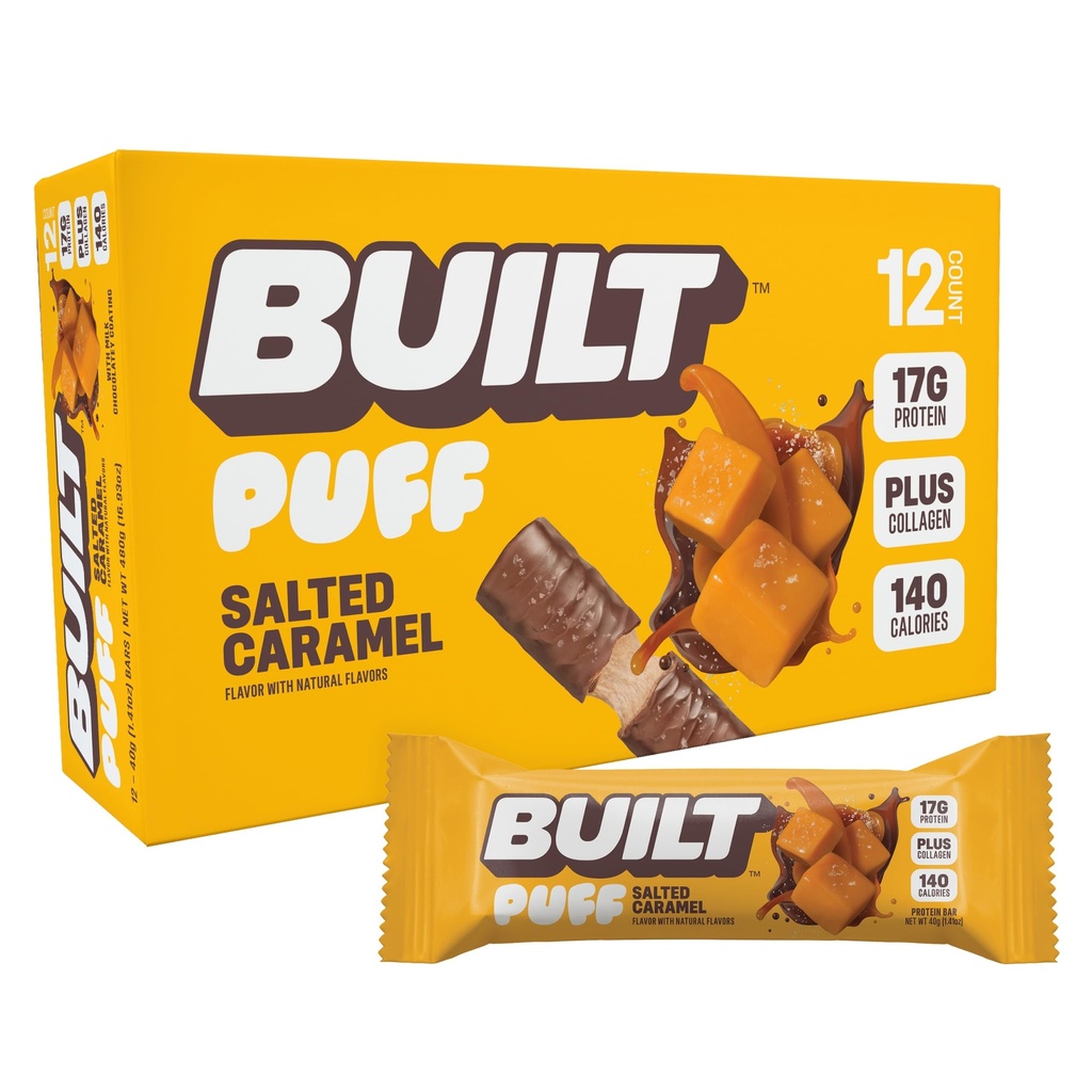 Bar Built, Puff Protein Bars, Salted Caramel Puff, 17g Protein Snacks, OnTheGo Bars, Only 140 Calories, 6g Sugar, Collagen, Gluten Free, 12 Count
