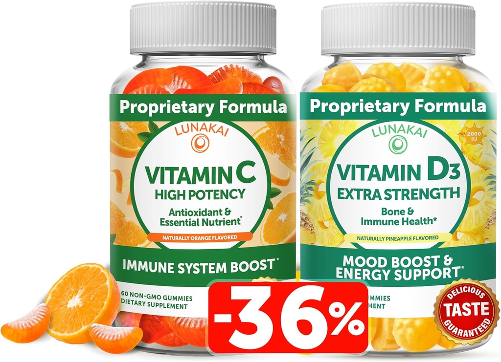 Lanakai Vitamin C dan Vitamin D3 Gummies Bundle - 300mg Organic, Non-GMO, Vegan Chewable Gummy - Imunitas, Bone and Mood Dukungan Supplemen untuk Dewasa