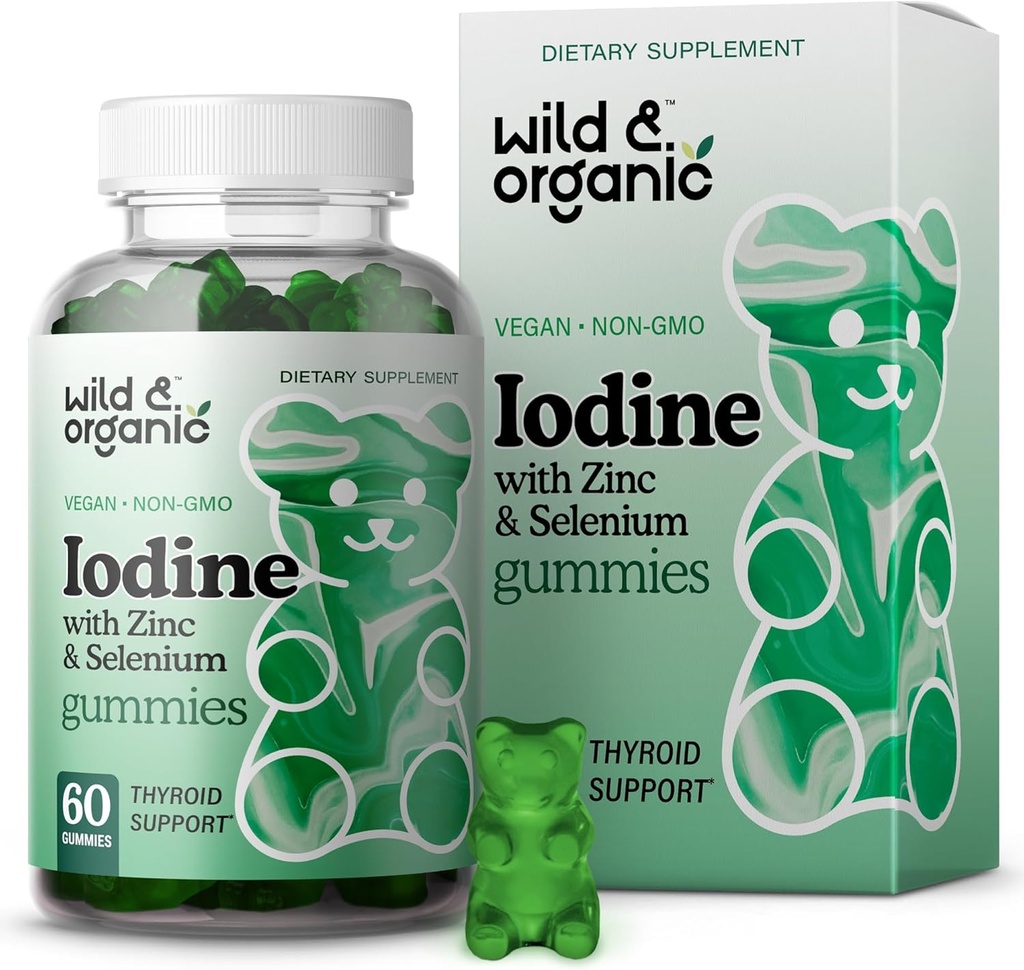 Wild & Organic Iodin Gummies 250mcg - Hamilune Support Complex w / Potasium Iodide - Selenium Zinc Iodium Suplemen Iodine & Overall Dukungan - 60 Vegan, Pectin- Berbasis Gummies