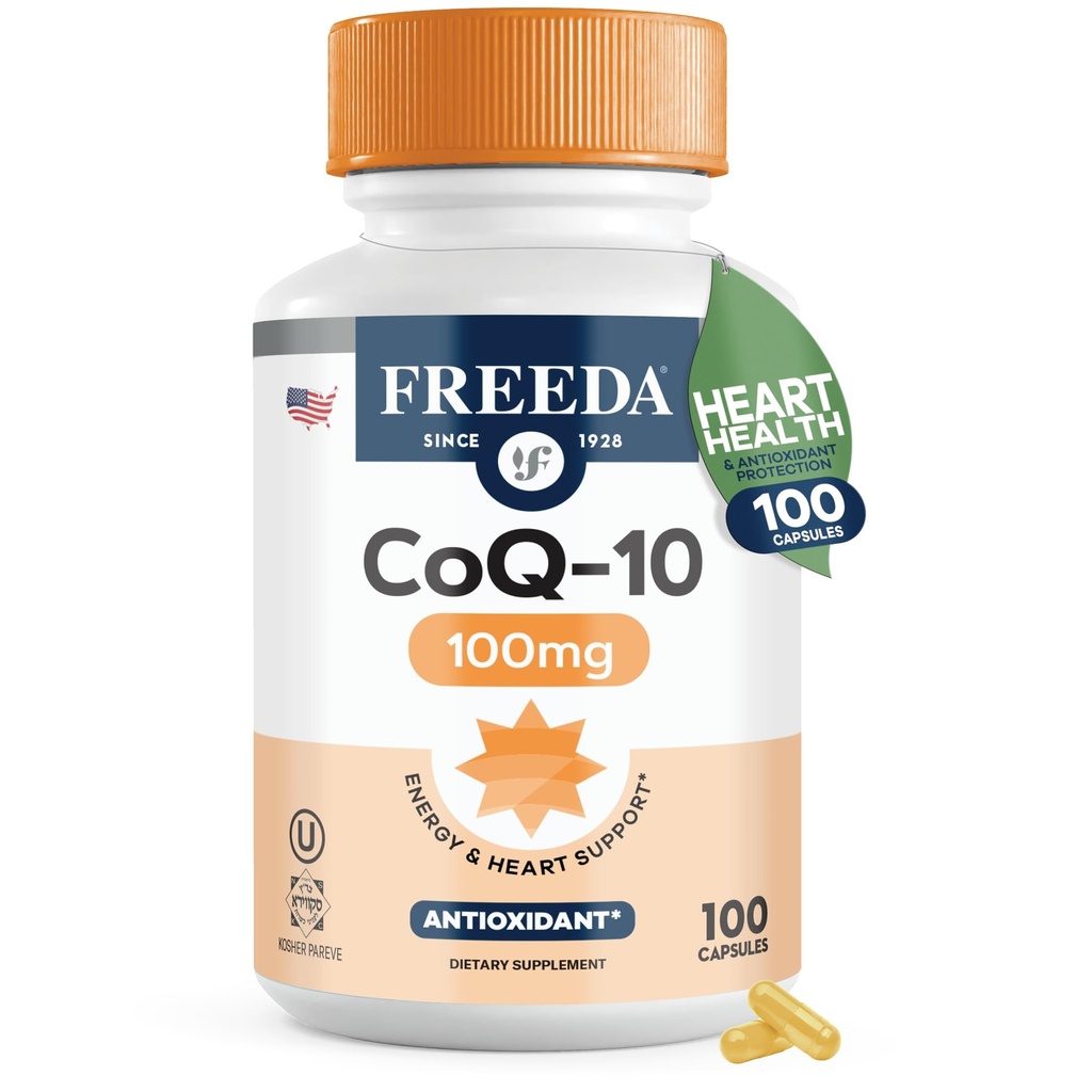 FREEDA CoQ10 100mg - Kosher Koenzim Q10 Dieter Suplemen untuk Kesehatan Jantung Kardiovaskular, Tekanan Darah Dukungan, Oral Gum Kesehatan, dan Penuaan Kesegian- Kasuli KoQ10 Murni, 100 Count