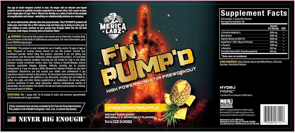 'Merica Labz F' N Pump Stimulant Free, Nitric Oxide, Fully Dised, Pompa PreWorkout Powder (20 Servis) (Upside Down Pineapple)