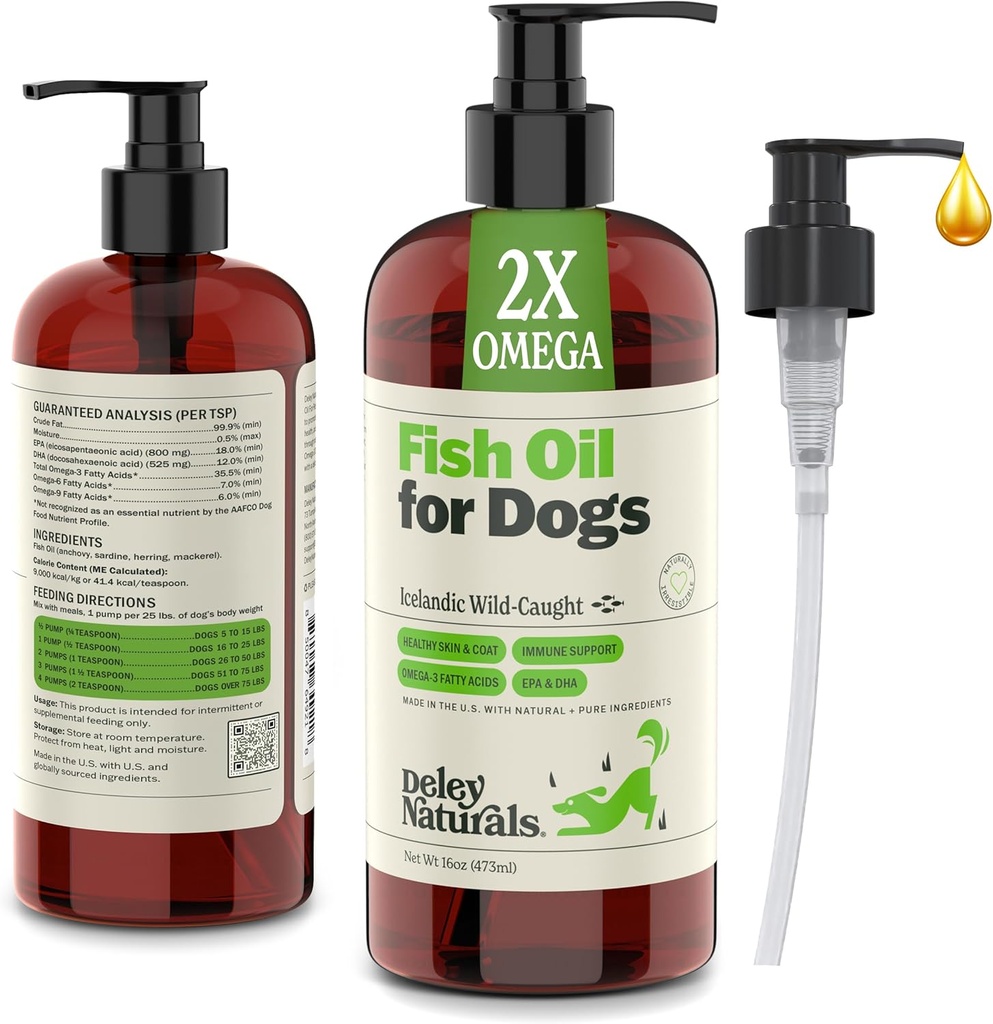 Deley Nabal Dog Fish Oil Islandia 2X Omega - Dog Itching Skin Relief dengan Omega 3 6 9 for Allergies, Coat & Heart & Heart - Omega 3 Fish Oil for Dogs Skin Irritation - 16oz Omega Oil for Dogs made in USA