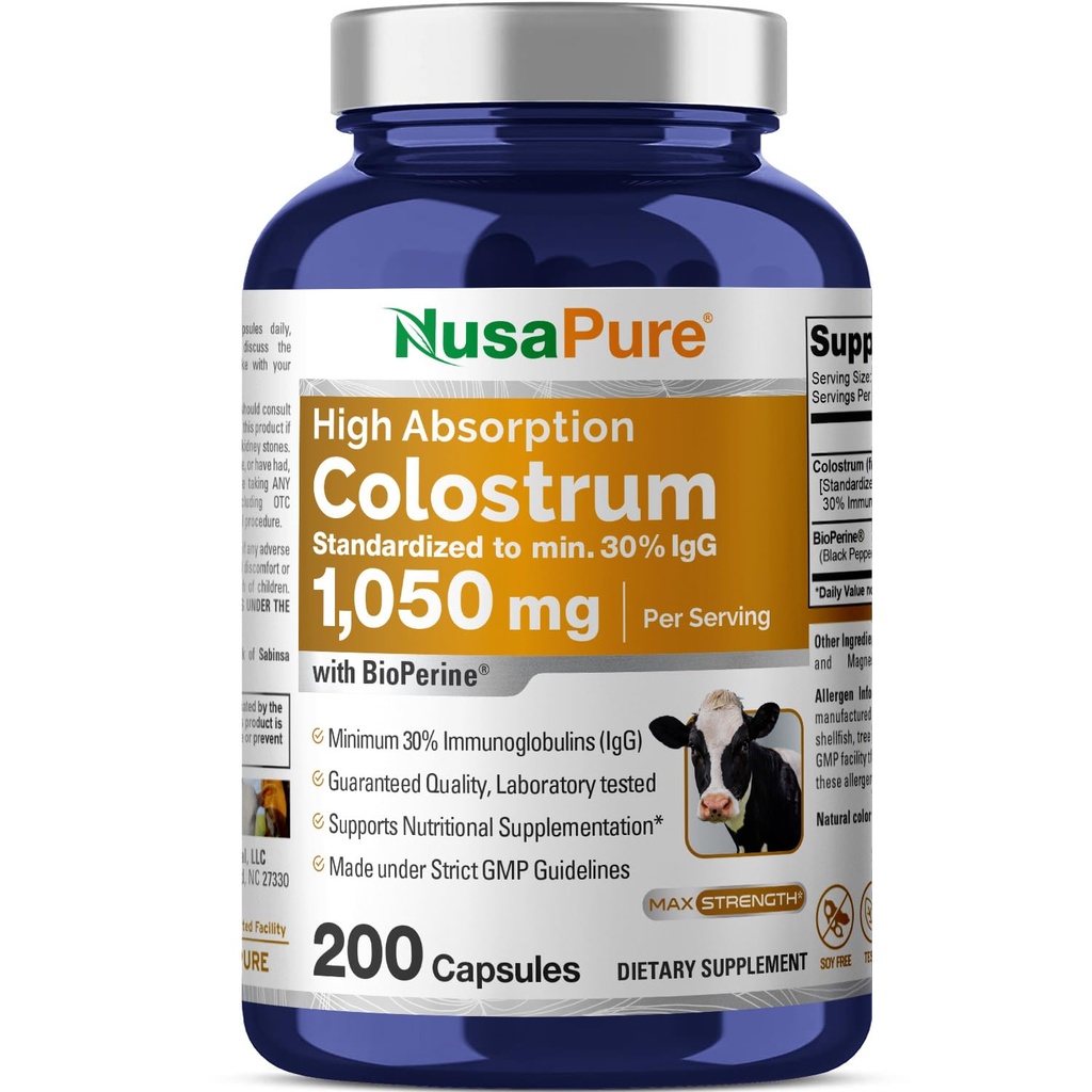 NusaPure Colostrum 1050mg 30% IGG 200 kapsul (Non- GMO, Soyfree) Bioperine
