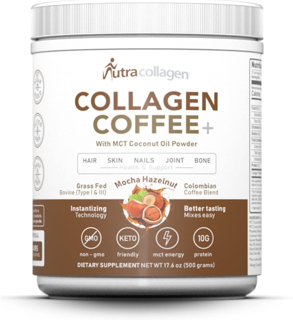 NUTRACOLLAGEN Powder Peptide dengan Premium Coffee; Grass- Fed; Keto Friendly, MCT Coconut Powder Oil, Soy Free, Gluten Free, Sugar Free, 40mg Caffeine / SVG; Mocha Hazelnut 25 Servings