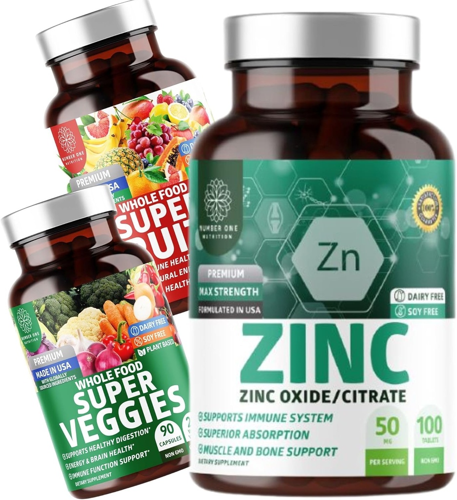 Number One N1N Premium Super Fruits & Vegies Suplement [40 Whole Foods, Aloe Vera, Vitamin] dan Zinc 50mg [3X Absorpsi], 2 Pack Bundle