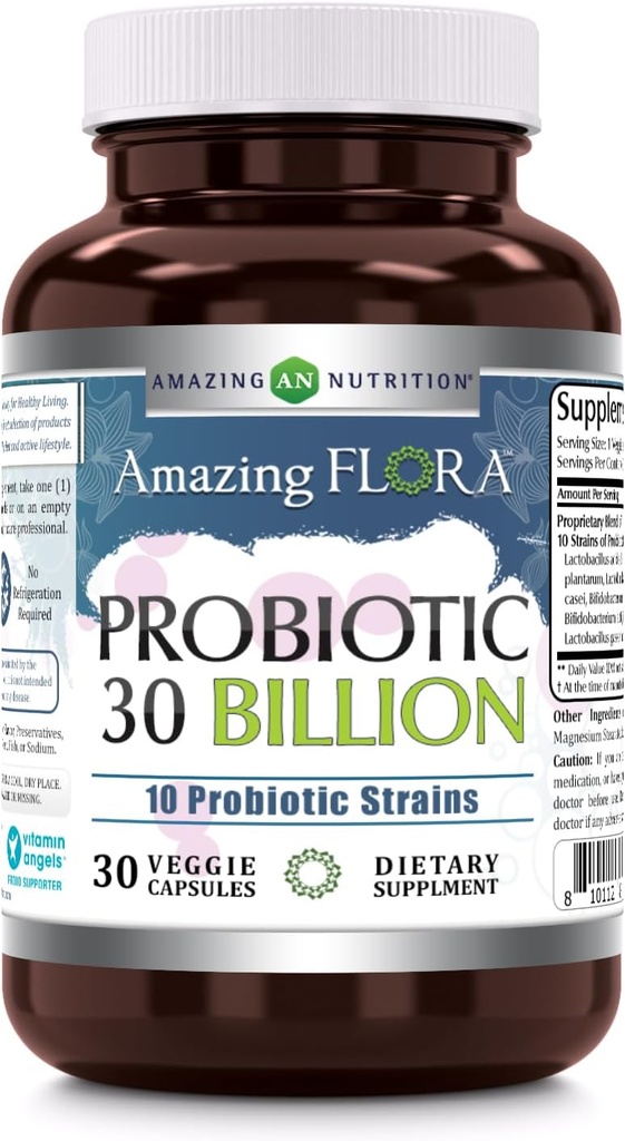 Amazing Flora Probiotic 10 Best Programtic Strains 124; 30 Milyar 124; Vevgie Capsules Suplemen 12.4; Non-GMO 124; Gluten Free 124; Dibuat di USA (1 Pack, 30 Count)