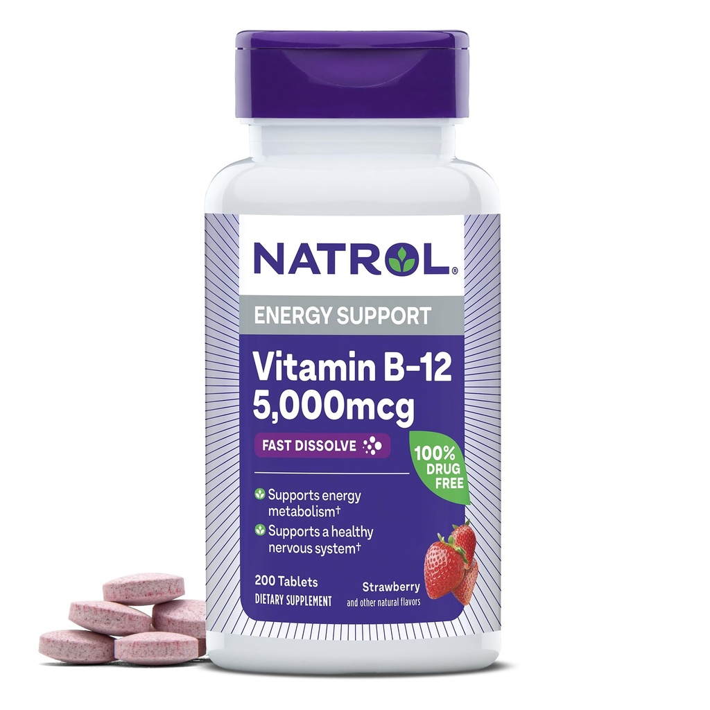 Natrol Vitamin B12 5.000 mcg, Quast Dissolve Vitamin B12 Suplemen Sistem Gugup Sehat dan Metabolisme Energi, 200 Tablet, Sampai dengan 200 Hari Suppply