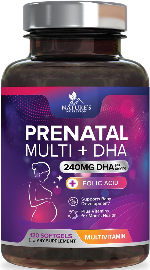 Prenatal Vitamin dengan Acid Folic & DHA, Pengembangan Otak Fetal & Omega 3, Prenatal Multivitamin untuk Perempuan, Vitamin A, C, D, B6, B12 & Iron, Pregnancy Suplemen - 120 Softgels
