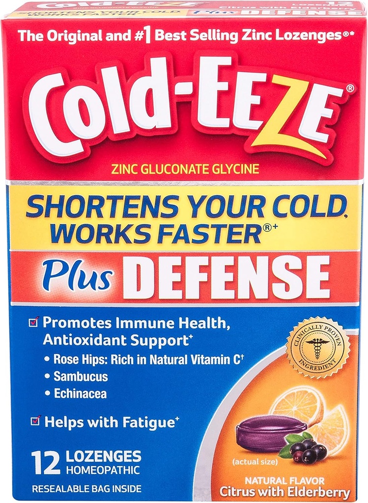 Cold- EEZE Plus Pertahanan Cold-Shortening Lozenges, 12 Count, Dingin Remedy, Citrus dengan Elderberry Flavor