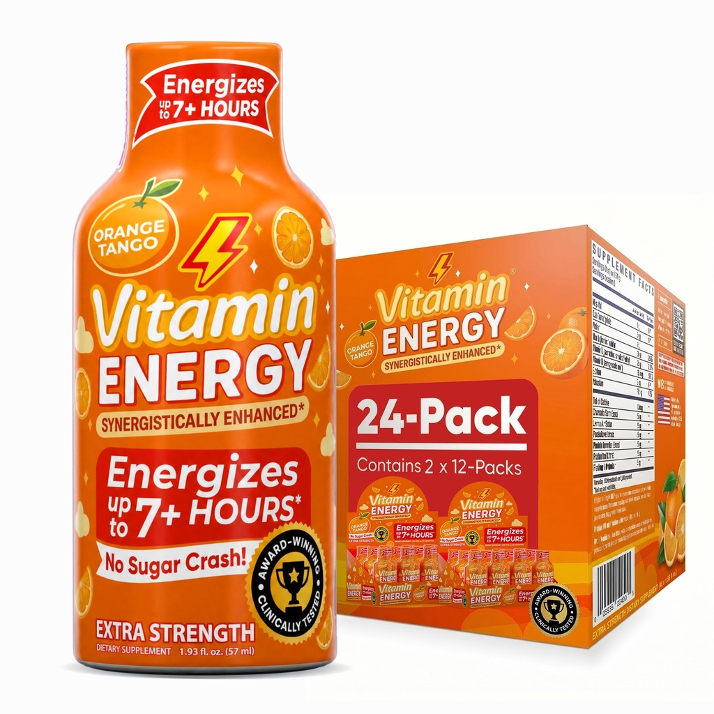 Vitamin Energy Immune + Extra Energy Shot Orange Burst 24 Pack, 260mg Natural Caffeine, B-Vitamin, Citicoline, Green Tea, Imunity & Focus Duffer, Zero Sugar, Gluteng 1.93 FL oz